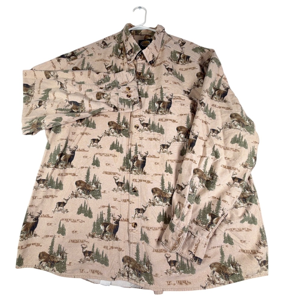 Cabelas Outdoor Gear Men 2XL Deer Pine Tree AOP Cotton Button Down Shirt